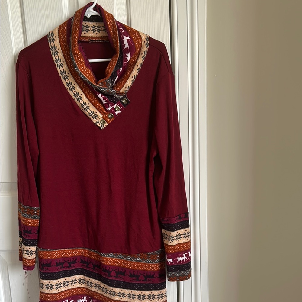 Elegant Maroon Patterned Cowl Neck Sweater